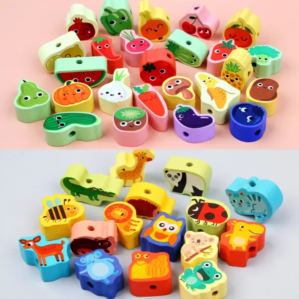9-36pcs Baby Wooden Toys Cartoon Fruit Animal Stringing Threading Wooden Beads Toy Monterssori Educational Toys For Kids - Image 2