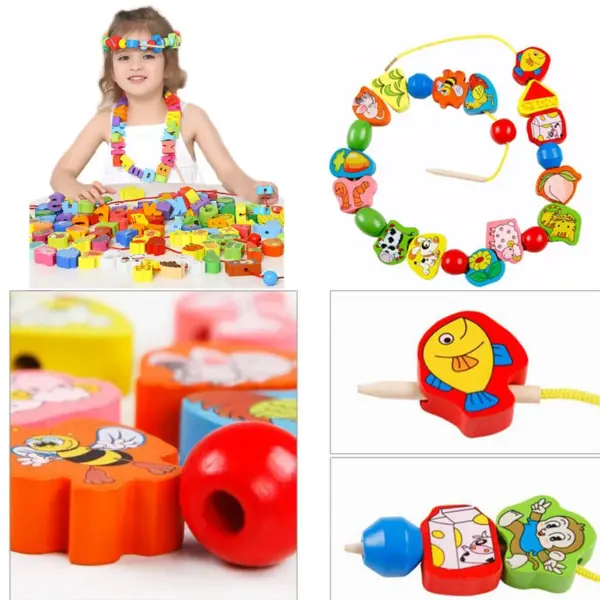 9-36pcs Baby Wooden Toys Cartoon Fruit Animal Stringing Threading Wooden Beads Toy Monterssori Educational Toys For Kids - Image 5