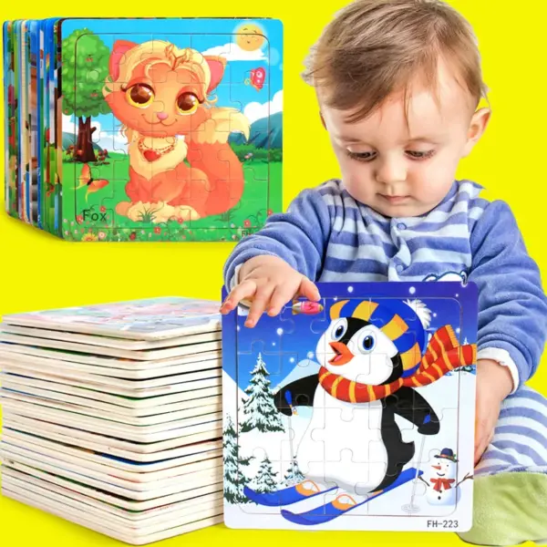 Baby Toys 20Piece Wooden Puzzle Cartoon Animal Vehicle 3D Jigsaw Puzzle Game Montessori  Educational Toys For Children Gifts - Image 2