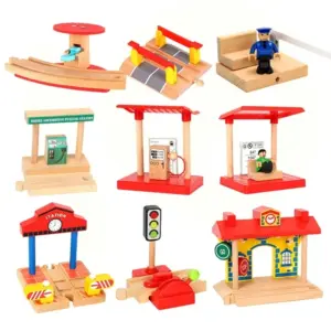 Wooden Railway Track Accessories Gas Station Train Cross Road Block Fit For Thomas Wooden Train Track Toys For Children Gifts