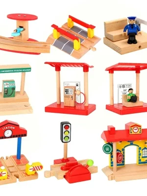 Wooden Railway Track Accessories Gas Station Train Cross Road Block