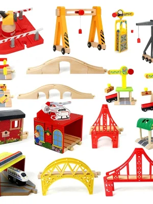 Wooden Train Track Racing Railway Crane Bridge Accessories