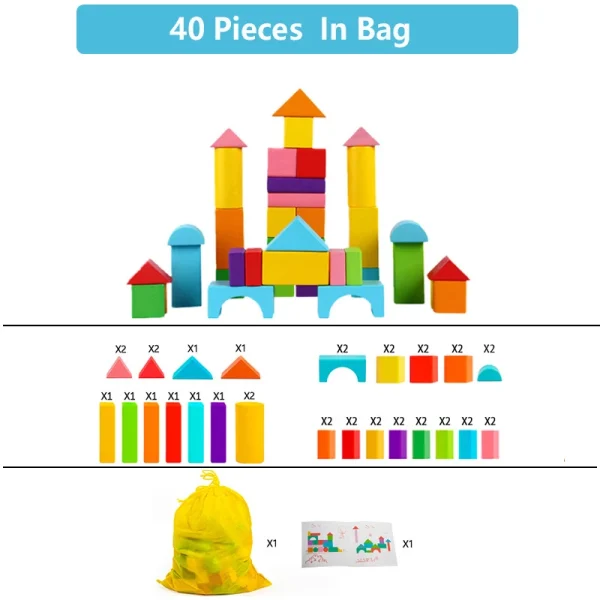 Wooden Building Blocks Set with Storage Bag