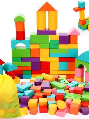 Wooden Building Blocks Set with Storage Bag