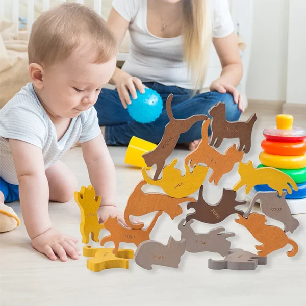 Wooden Stacking Blocks Cat Balancing Game